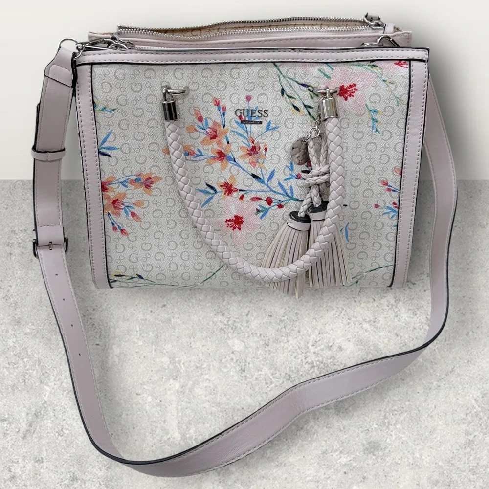 GUESS Floral Monogram Satchel‎ Bag Pink Multi PR681906 Braided Handle Tassel